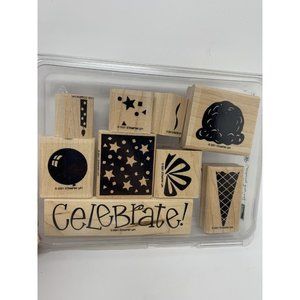 STAMPIN UP TWO STEP PERFECT PARTY SET 9 RUBBER STAMPS WOOD MOUNTED‎ NEW
